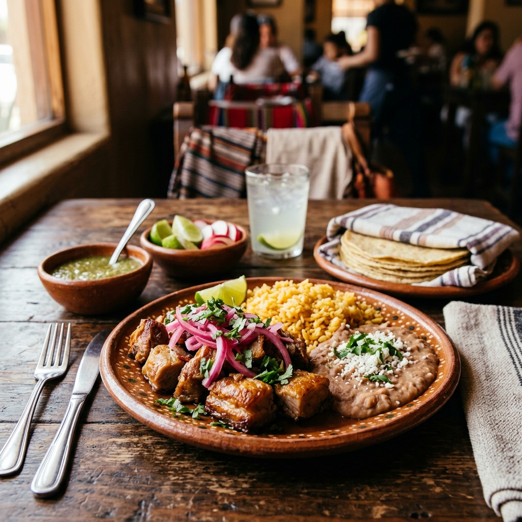 Carnitas Plate - Slow-braised pork with rice and beans
